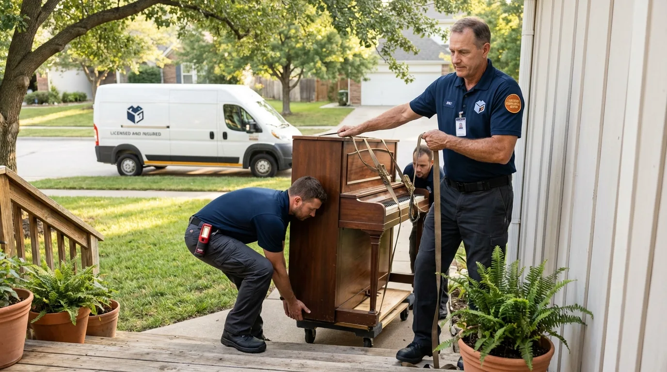 Licensed piano movers securing grand piano in Winooski, VT