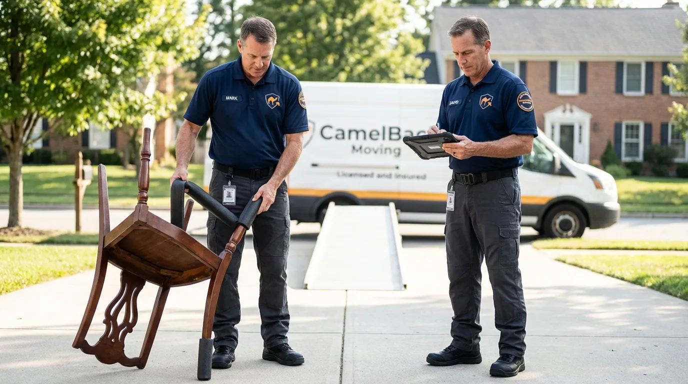 Movers inspecting furniture for damage prevention before loading in Winooski, VT
