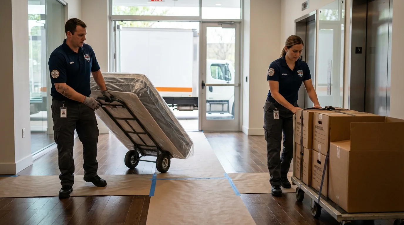 Professional apartment movers loading elevator in Winooski, VT