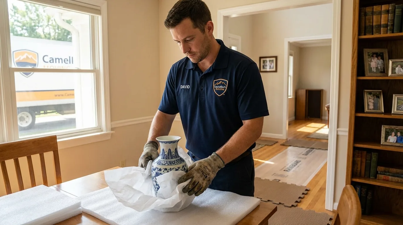 Professional crew carefully wrapping antique vase for senior downsizing move in Winooski, VT