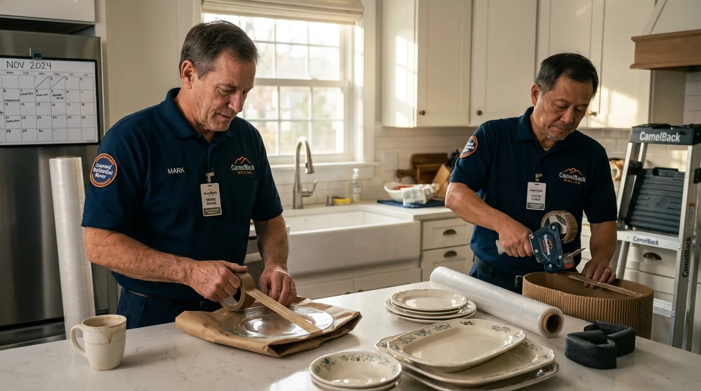 Professional crew packing kitchen dishware in Winooski, VT